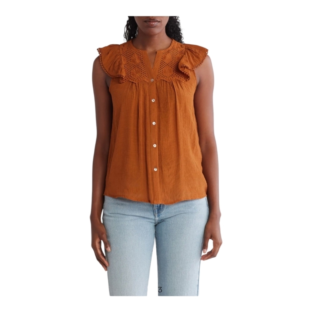 Nanette Lepore flutter cap sleeve button up blouse sz Large embroidered